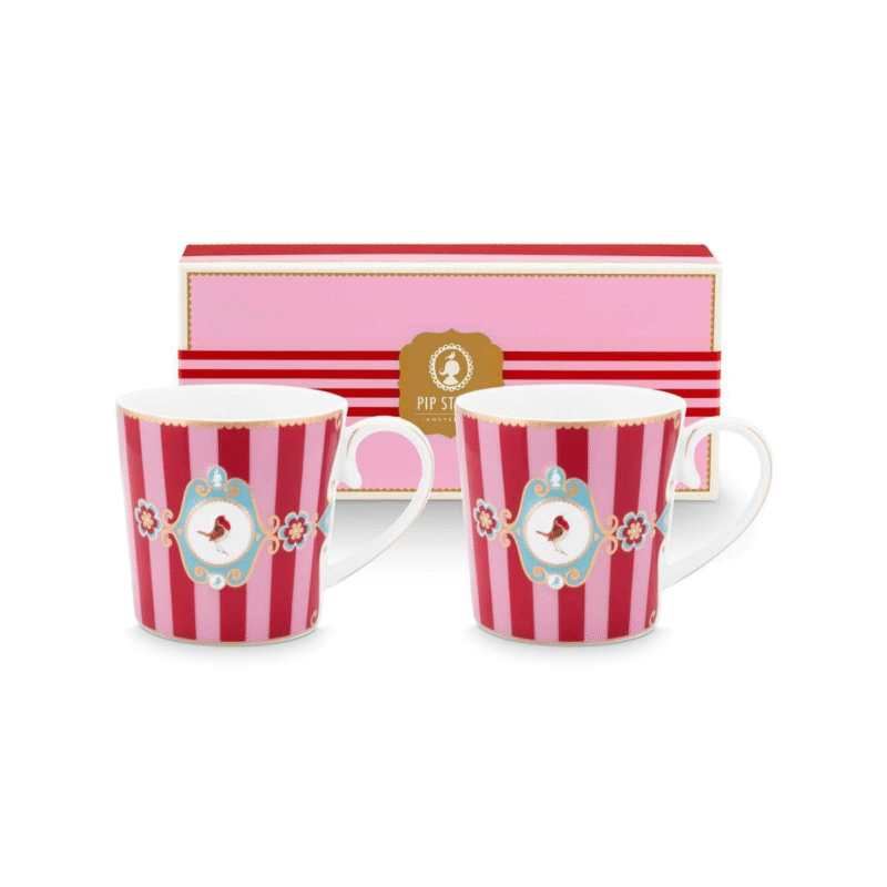 PIP STUDIO SET OD 2 ŠALICE LOVE BIRDS MEDALLION STRIPES RED-PINK