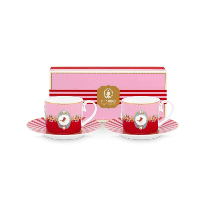 PIP STUDIO SET OD 2 ŠALICE S TANJURIĆIMA LOVE BIRDS MEDALLION RED - PINK