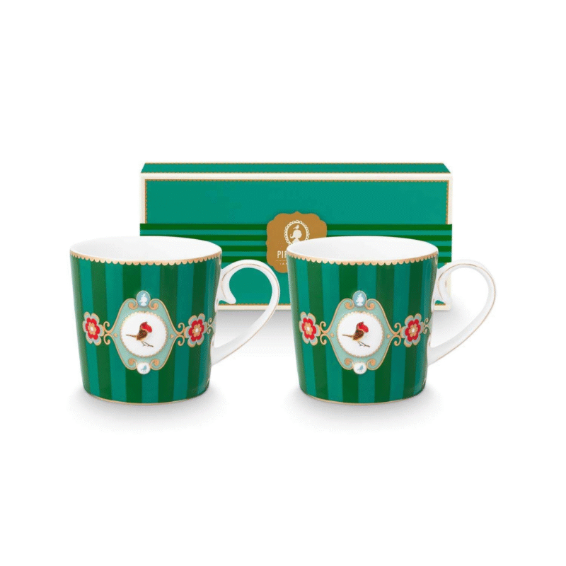 PIP STUDIO SET OD 2 ŠALICE LOVE BIRDS MEDALLION STRIPES EMERALD GREEN