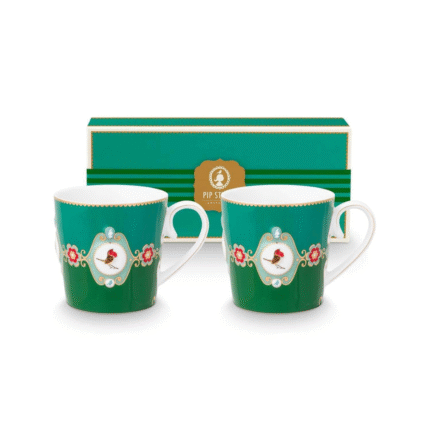 PIP STUDIO SET OD 2 VELIKE ŠALICE LOVE BIRDS MEDALLION EMERALD GREEN