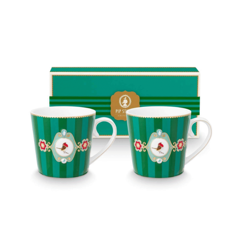 PIP STUDIO SET OD 2 ŠALICE LOVE BIRDS MEDALLION STRIPES EMERALD GREEN
