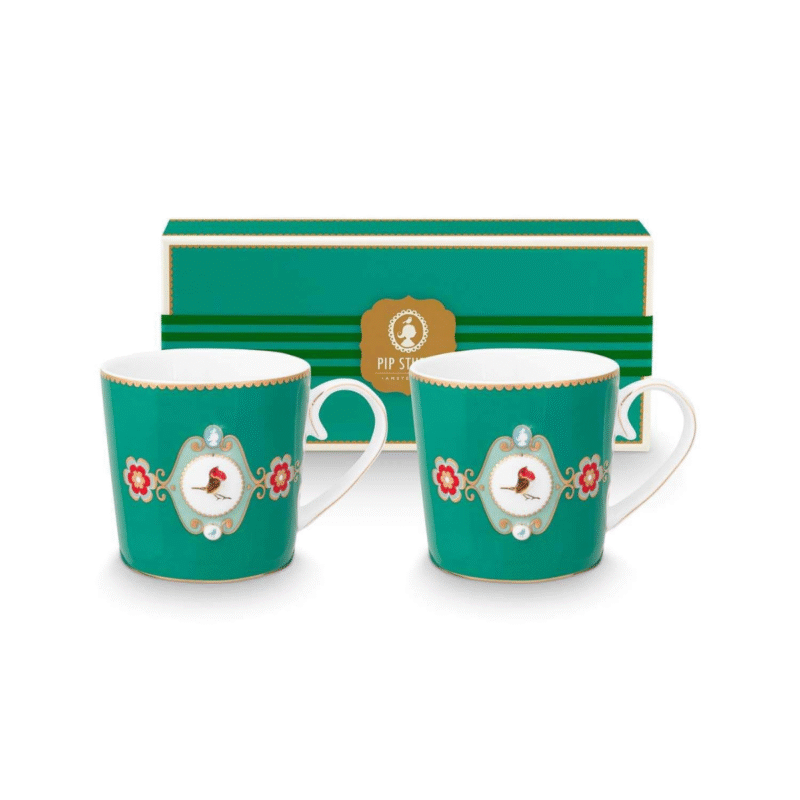 PIP STUDIO SET OD 2 VELIKE ŠALICE LOVE BIRDS MEDALLION EMERALD 300 ML