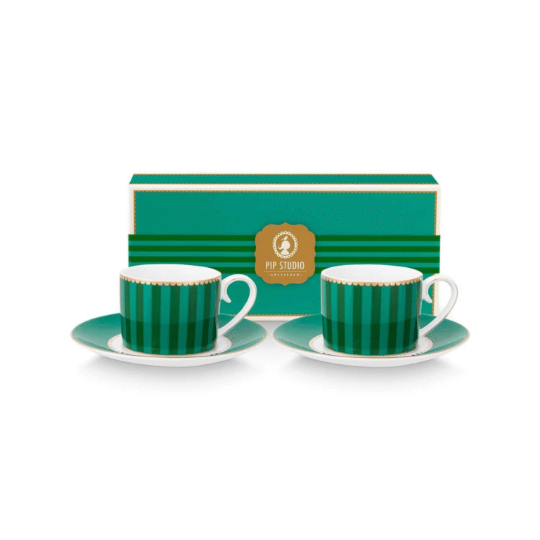 PIP STUDIO SET OD 2 ŠALICE ZA ESPRESSO S TANJURIĆIMA LOVE BIRDS STRIPES EMERALD-GREEN