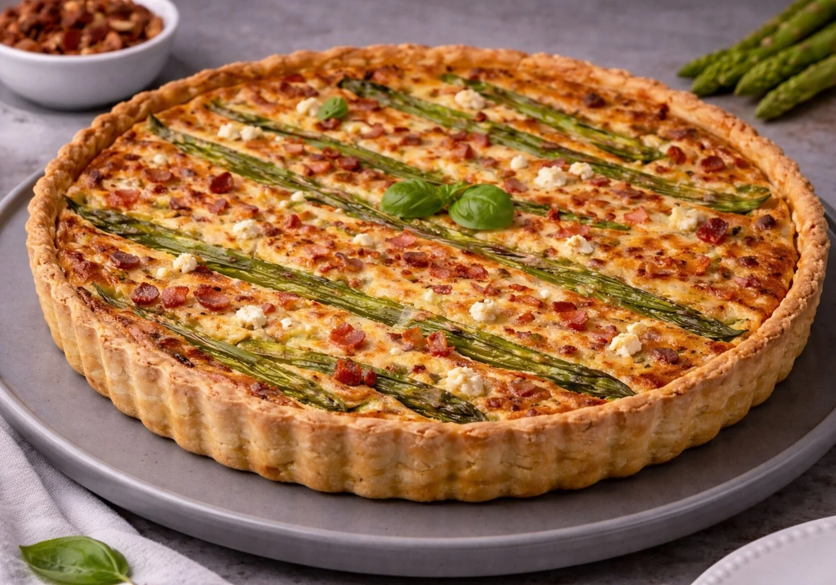 Domaći tart sa šparogama, slaninom i feta sirom pečen u Birkmann kalupu
