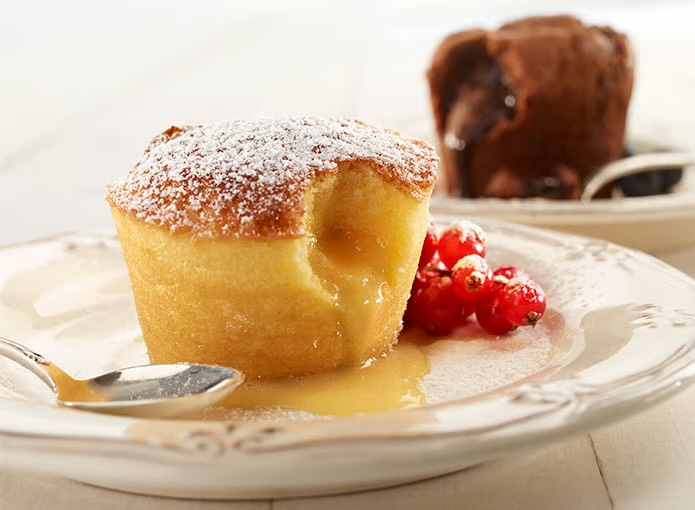 Lava cake od bijele čokolade s tekućom sredinom i crvenim ribizom na tanjuru, uz klasični tamni lava cake u pozadini