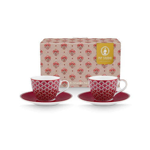 Pip Studio Blooming Tales Dark Red set espresso šalica s dvije porculanske šalice od 120 ml i pripadajućim tanjurićima s cvjetnim uzorkom