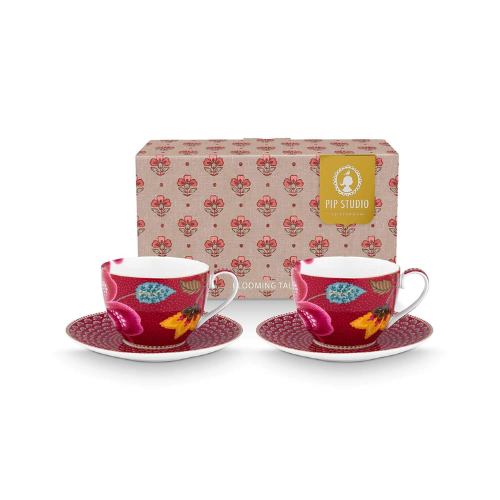 Pip Studio Blooming Tales Fantasy Dark Red set šalica s dvije porculanske šalice od 300 ml i pripadajućim tanjurićima s cvjetnim uzorkom