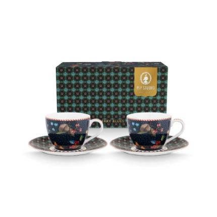Pip Studio Berry Blues set od dvije espresso šalice od 120 ml s pripadajućim tanjurićima, cvjetnim uzorkom i zlatnim detaljima